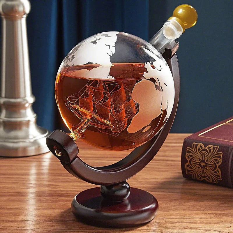 Whiskey Decanter Set - Etched Globe Design with Wood Stand & 2 Glasses